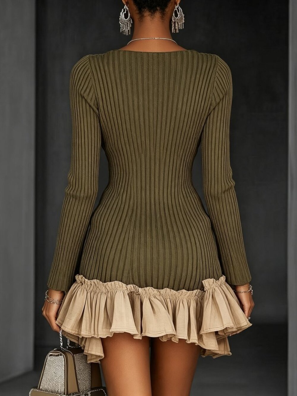 Army Green Elegant Women's Colorblock Ruffle Hem V Neck Mini Knit Dress - Picture 2 of 5